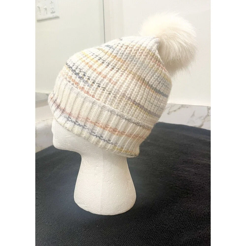 J.Crew Women’s Knit Beanie Hat Faux Fur Pom Pom Multicolor Striped Winter